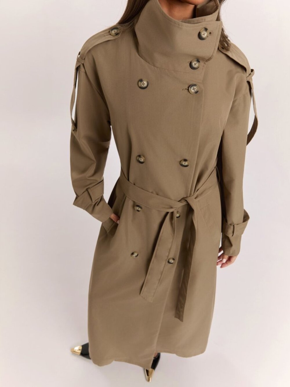 Khaki Elegant Women's Double-Breasted Long Oversized Trench Coat - Picture 5 of 7